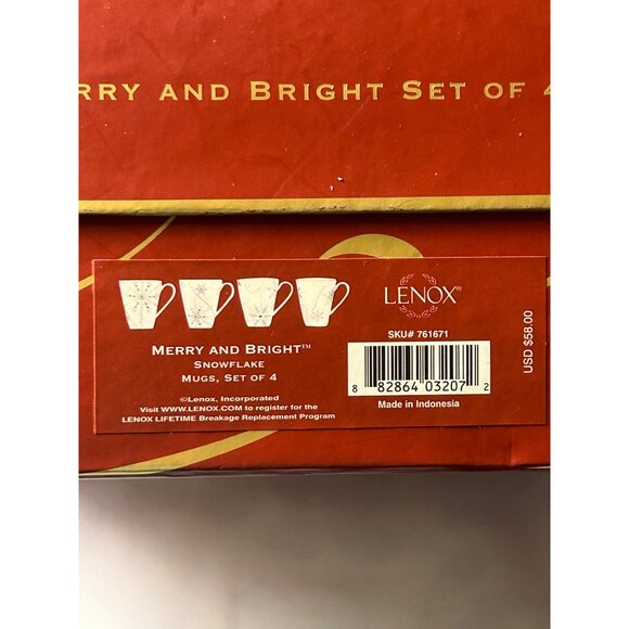 Lenox Merry & Bright Snowflake Mug Set of 4 White/Gold Holiday Gift Elegant - Picture 2 of 13